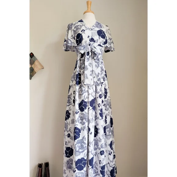 70s White & Blue Floral Print Flutter Sleeve Feminine 1970s Empire Maxi Dress - Picture 8 of 16